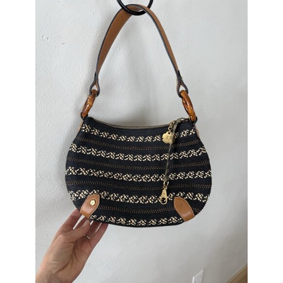 Eric Javits Woven Straw Leather Strap Zip Top Bag Purse Black Tan Brown Shoulder - Picture 4 of 7